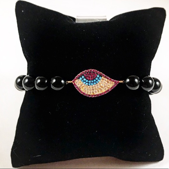 Genuine onyx cz yellow evil eye luck bead bracelet - Picture 5 of 8